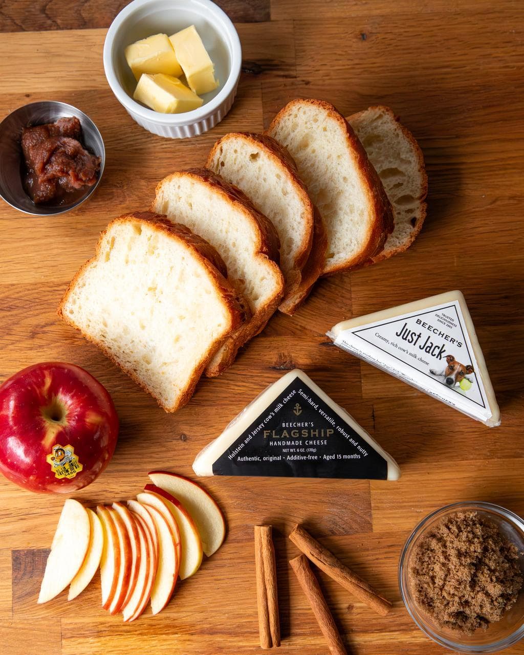 SugarBee apples, Beecher's cheese, bread, cinnamon sugar, butter, cinnamon sticks