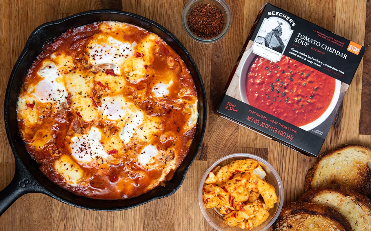 Tomato Cheddar Harissa Skillet Eggs