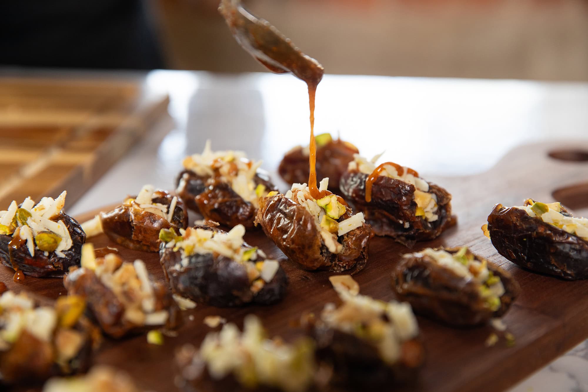 Dates stuffed with Flagship Cheese and topped with masala honey