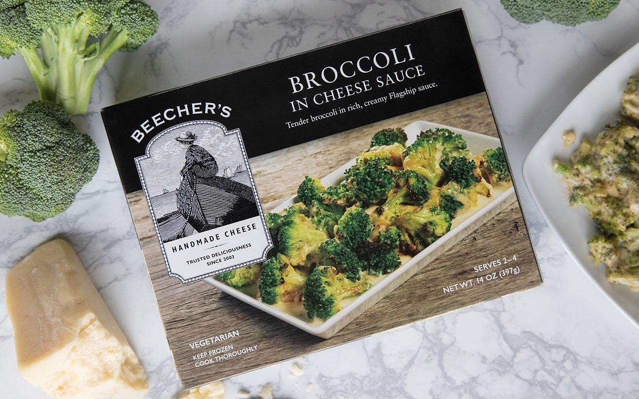 Broccoli in Cheese Sauce beauty shot with box