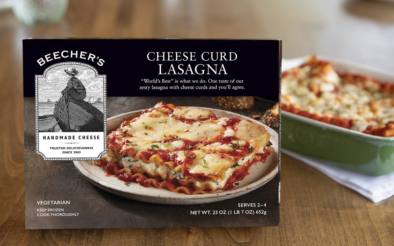Cheese Curd Lasagna beauty shot with box