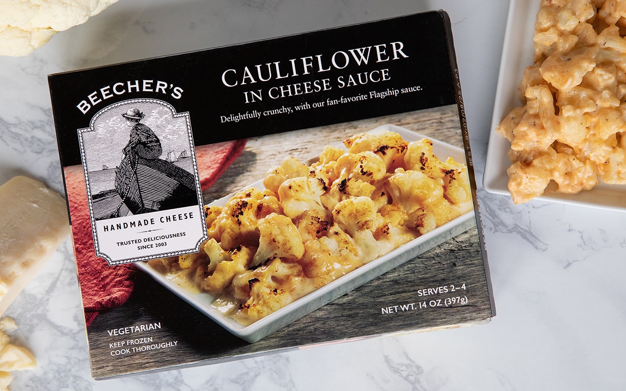 Cauliflower in Cheese Sauce beauty shot with box