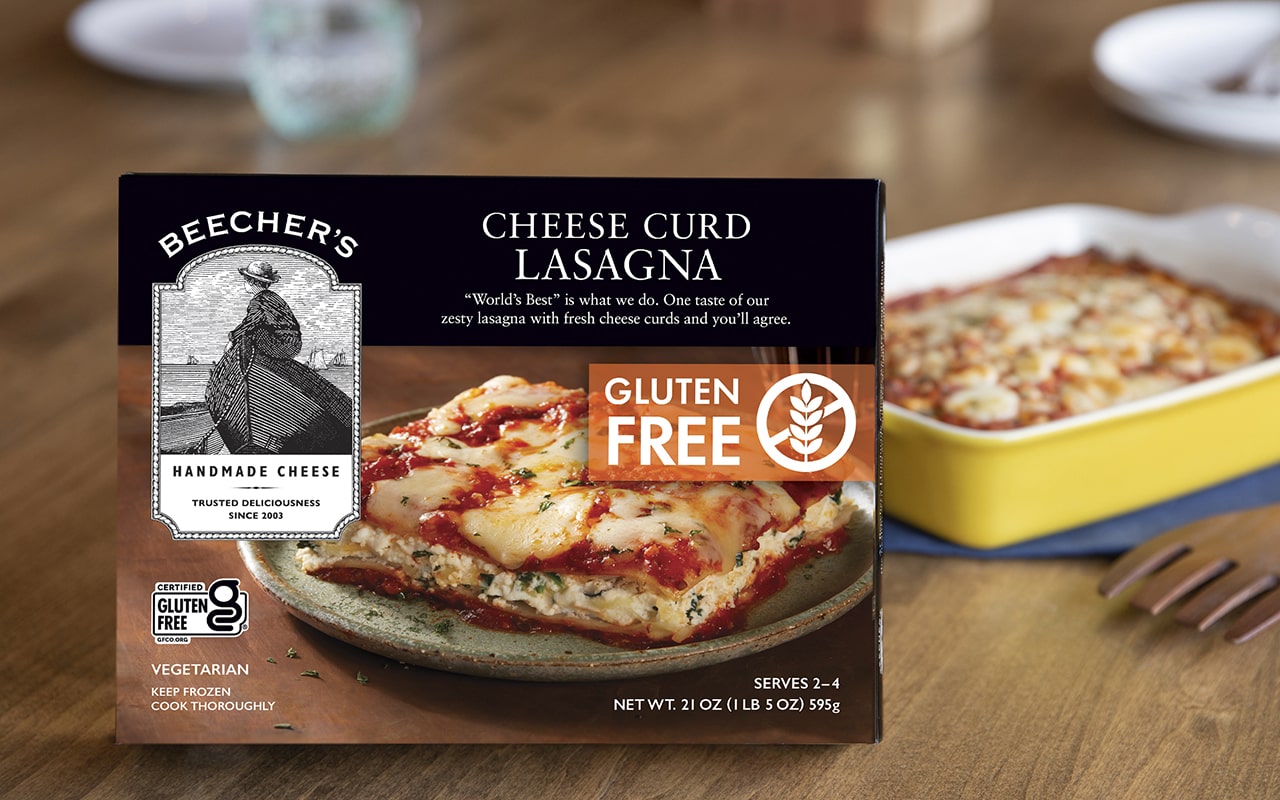 Gluten Free Cheese Curd Lasagna beauty shot with box