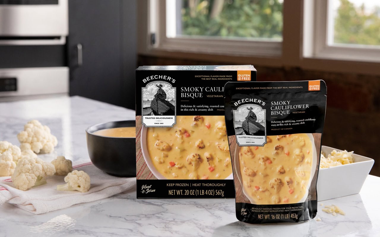 Smoky Cauliflower Bisque beauty shot, box and pouch