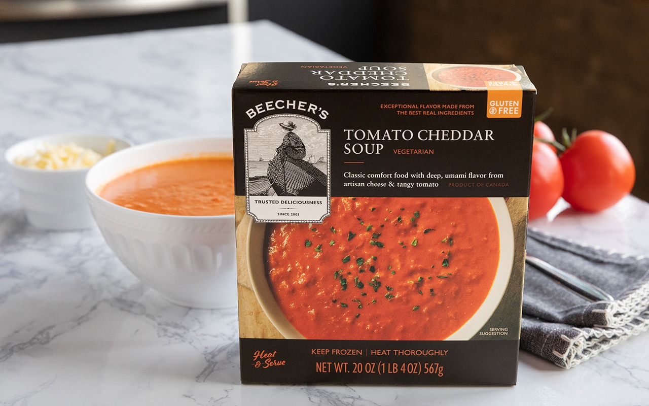 Tomato Cheddar Soup beauty shot with packaging